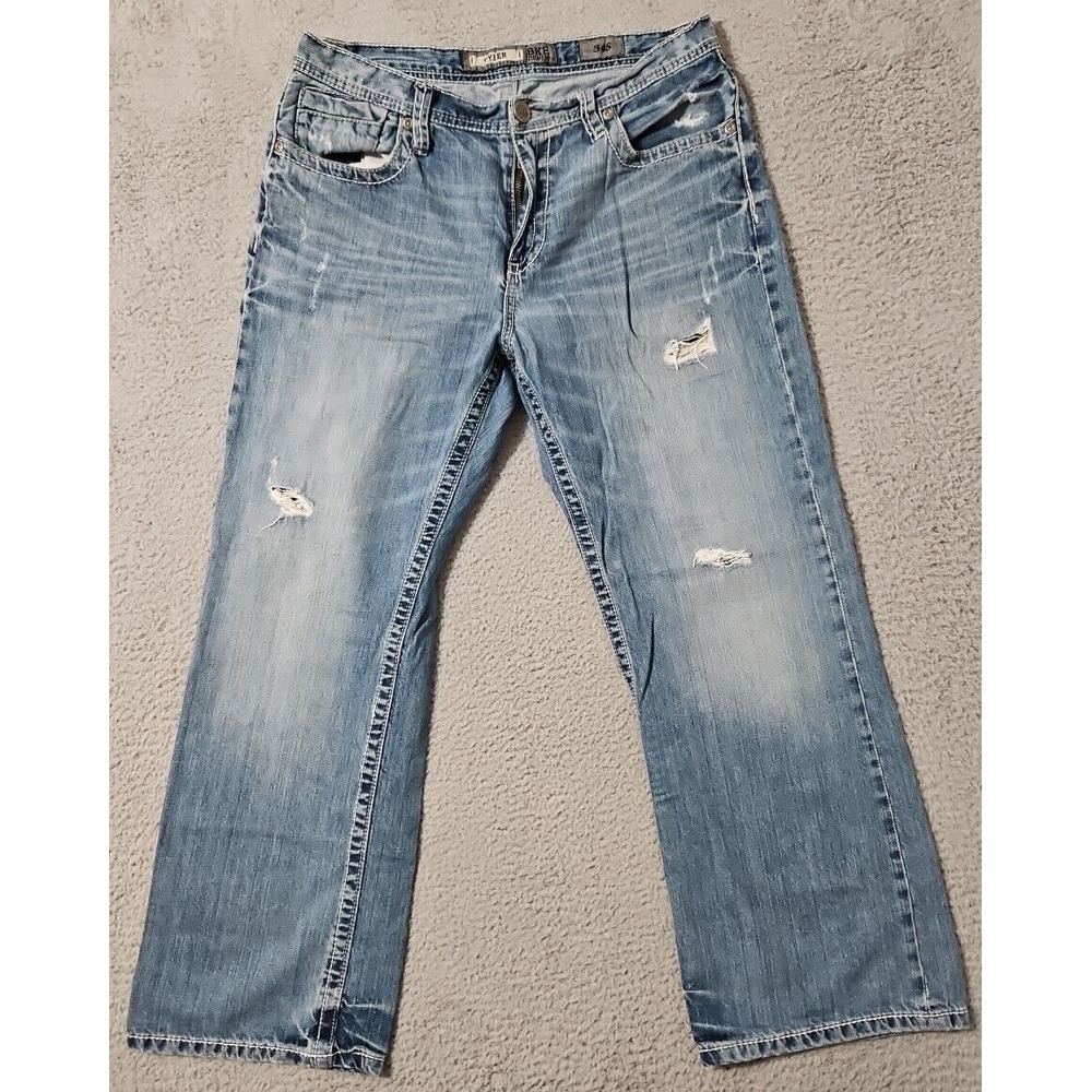 BKE Tyler Jeans Men 34S Straight Dark Wash Distressed Whiskered Denim 34 x 29